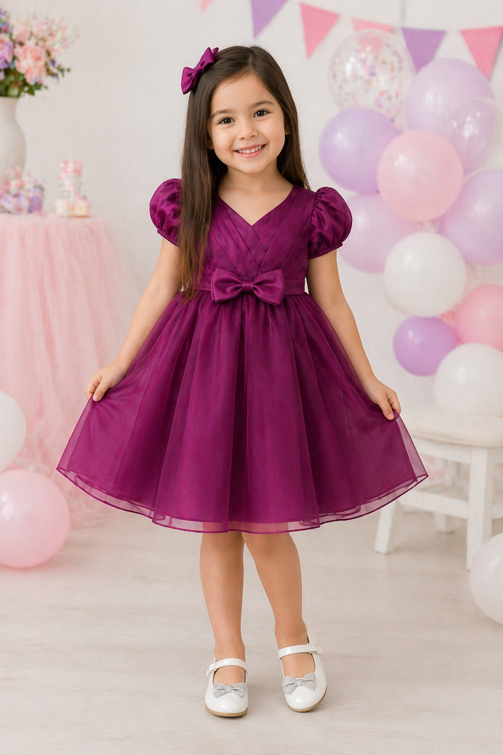 The Magic Wand Woven Puff Sleeves Bodice Pleated Dress With Bow Applique - Wine