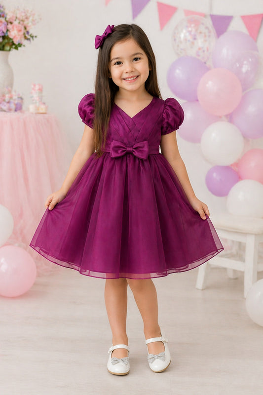 The Magic Wand Woven Puff Sleeves Bodice Pleated Dress With Bow Applique - Wine