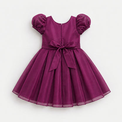 The Magic Wand Woven Puff Sleeves Bodice Pleated Dress With Bow Applique - Wine