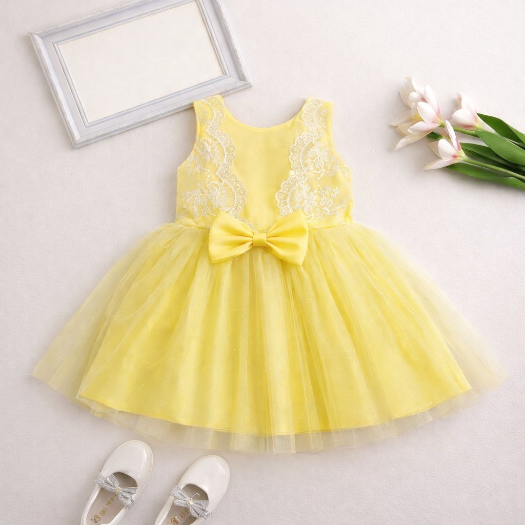 The Magic Wand Woven Sleeveless Embroidered Lace And Bow Applique Tulle Glitter Dress - Yellow