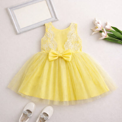 The Magic Wand Woven Sleeveless Embroidered Lace And Bow Applique Tulle Glitter Dress - Yellow