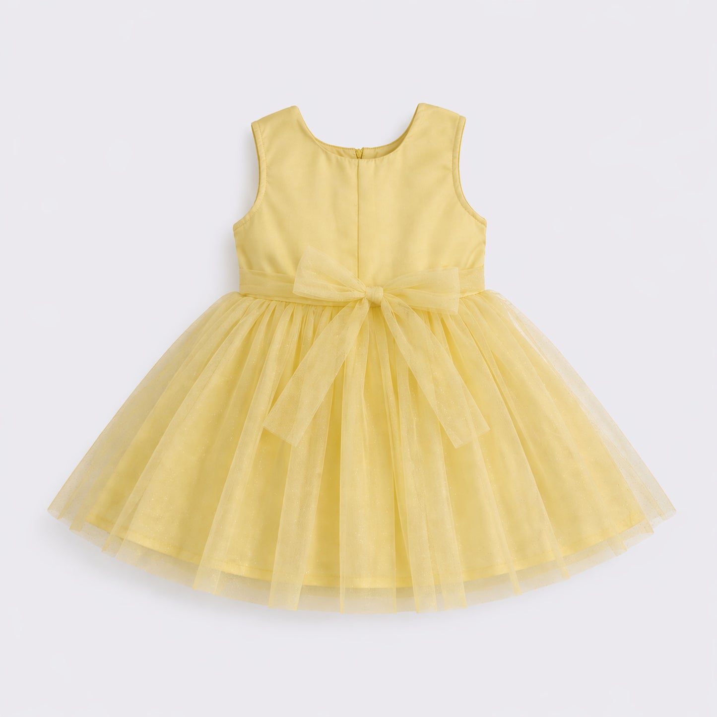 The Magic Wand Woven Sleeveless Embroidered Lace And Bow Applique Tulle Glitter Dress - Yellow