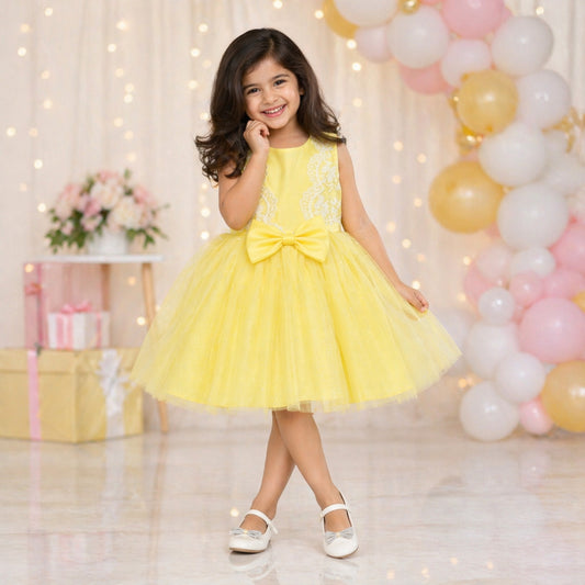 The Magic Wand Woven Sleeveless Embroidered Lace And Bow Applique Tulle Glitter Dress - Yellow