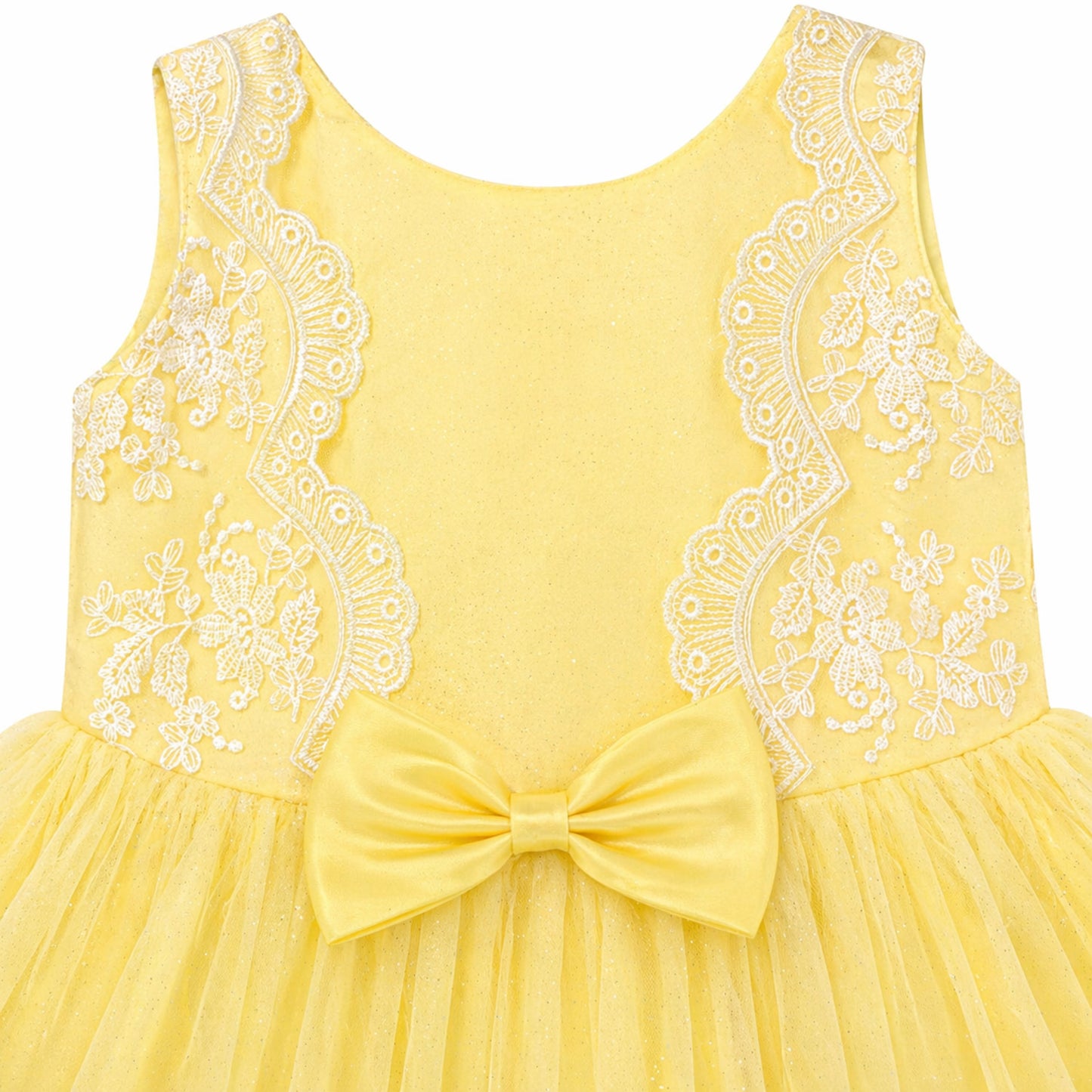 The Magic Wand Woven Sleeveless Embroidered Lace And Bow Applique Tulle Glitter Dress - Yellow