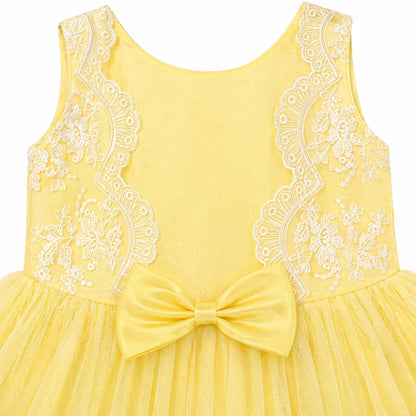 The Magic Wand Woven Sleeveless Embroidered Lace And Bow Applique Tulle Glitter Dress - Yellow