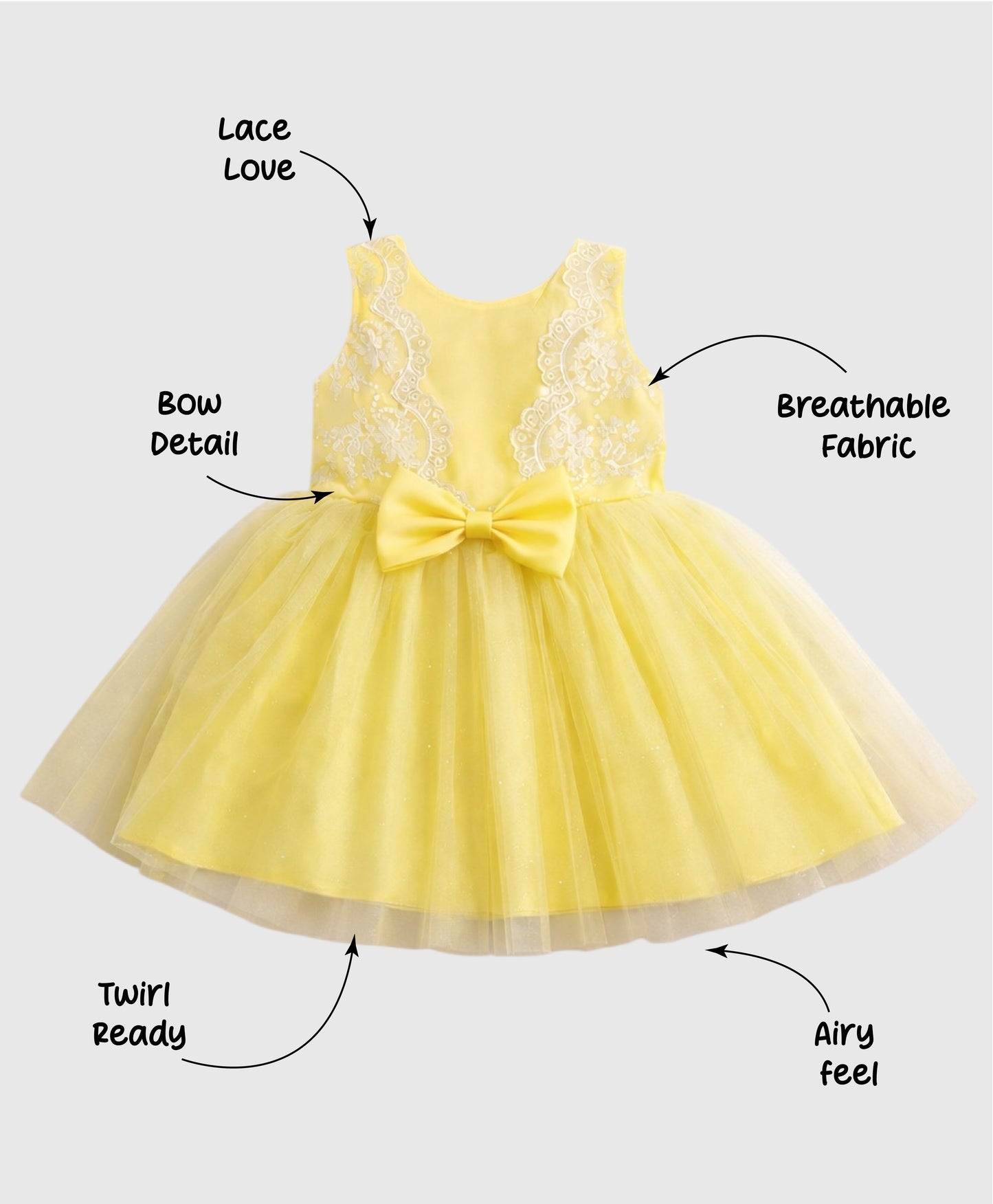 The Magic Wand Woven Sleeveless Embroidered Lace And Bow Applique Tulle Glitter Dress - Yellow