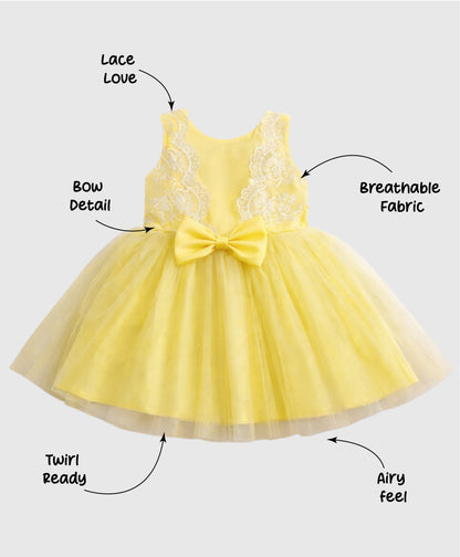 The Magic Wand Woven Sleeveless Embroidered Lace And Bow Applique Tulle Glitter Dress - Yellow
