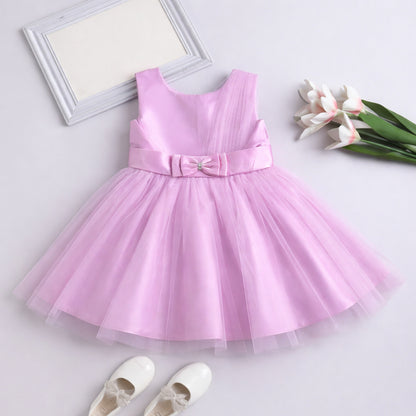 The Magic Wand Woven Sleeveless One Sided Draped Tulle Glitter Dress With Bow Applique - Pink