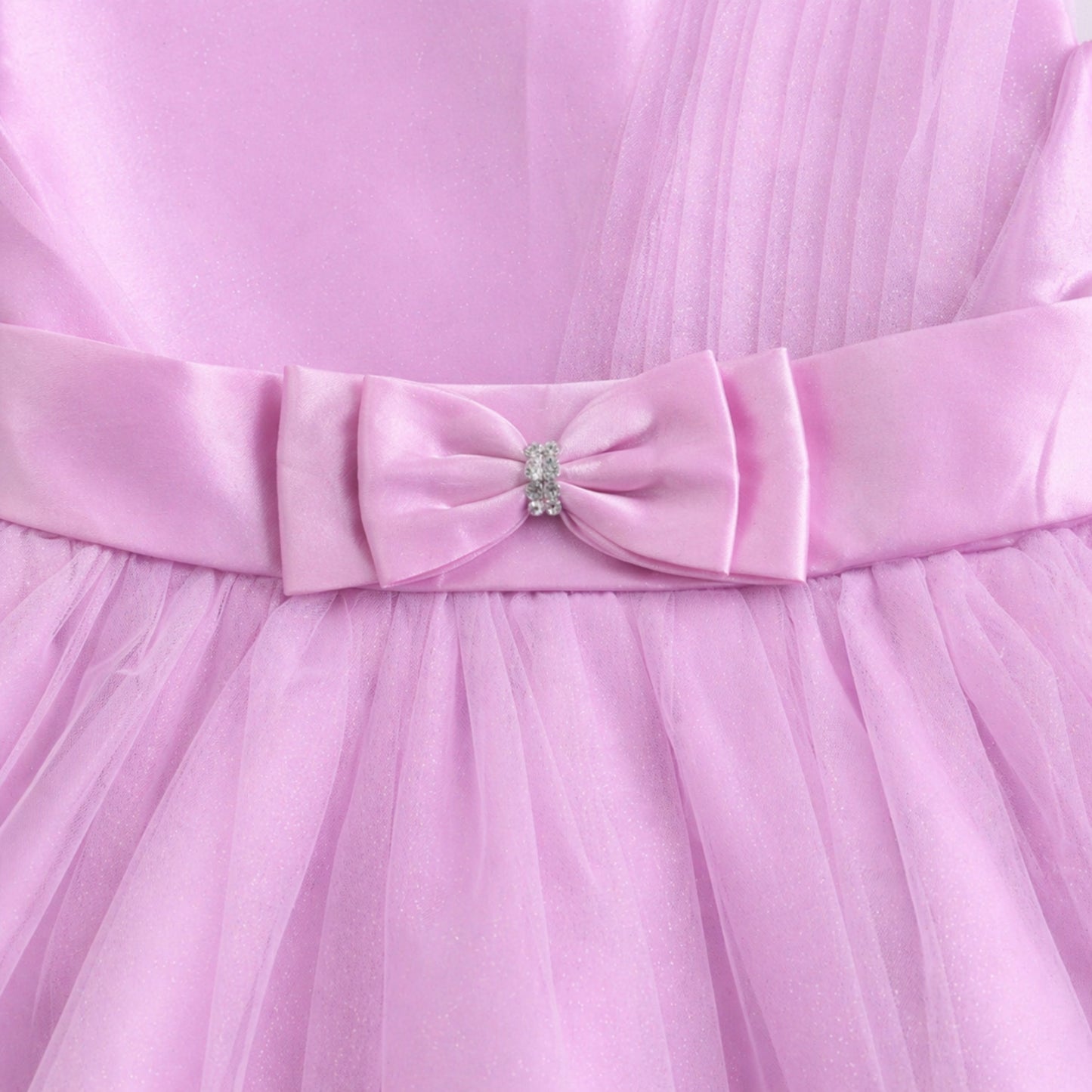 The Magic Wand Woven Sleeveless One Sided Draped Tulle Glitter Dress With Bow Applique - Pink
