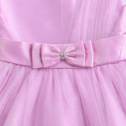 The Magic Wand Woven Sleeveless One Sided Draped Tulle Glitter Dress With Bow Applique - Pink