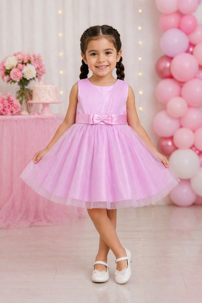 The Magic Wand Woven Sleeveless One Sided Draped Tulle Glitter Dress With Bow Applique - Pink