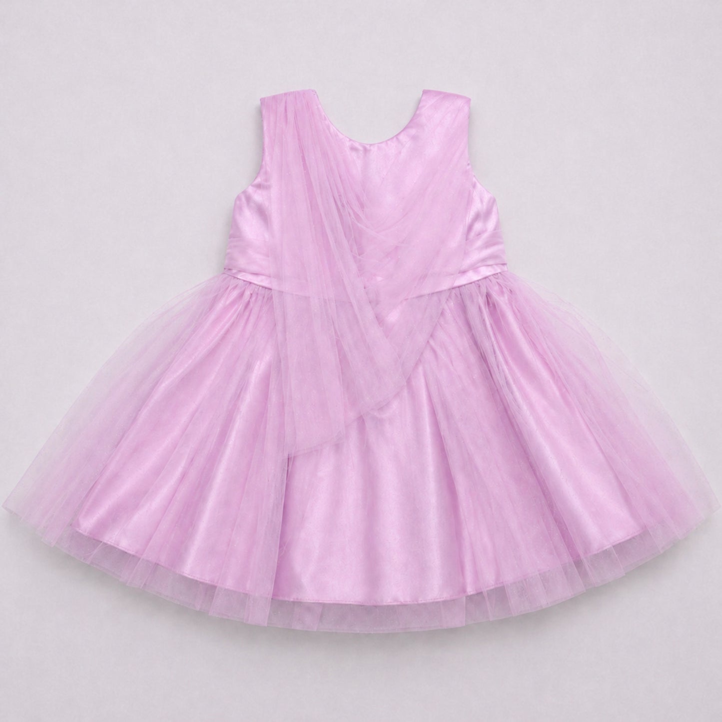 The Magic Wand Woven Sleeveless One Sided Draped Tulle Glitter Dress With Bow Applique - Pink