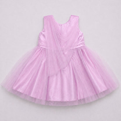 The Magic Wand Woven Sleeveless One Sided Draped Tulle Glitter Dress With Bow Applique - Pink