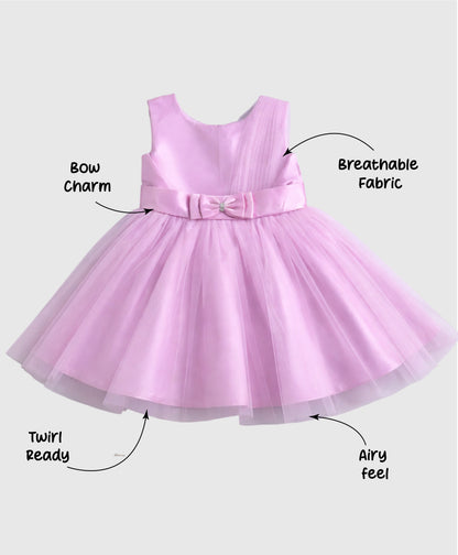 The Magic Wand Woven Sleeveless One Sided Draped Tulle Glitter Dress With Bow Applique - Pink