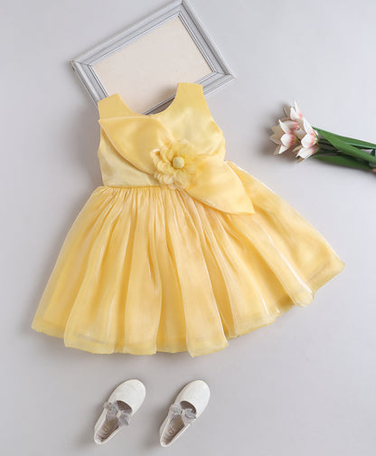 The Magic Wand Woven Sleeveless Flared Party Dress With Statement Floral Applique - Yellow