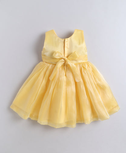The Magic Wand Woven Sleeveless Flared Party Dress With Statement Floral Applique - Yellow
