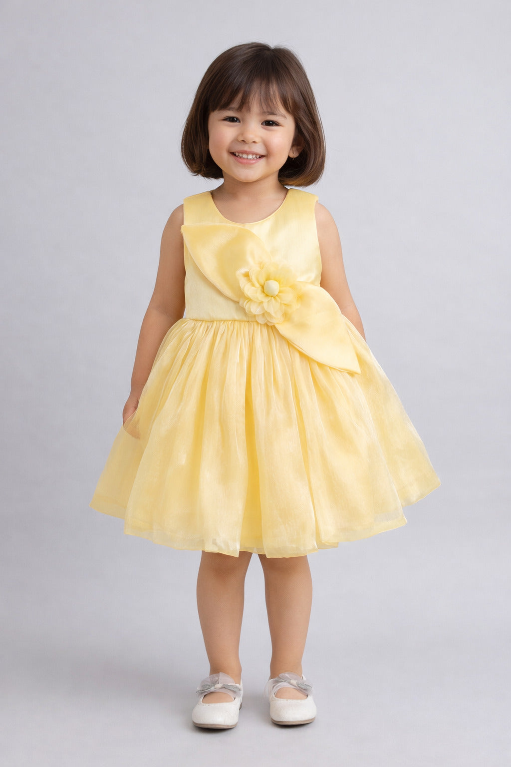 The Magic Wand Woven Sleeveless Flared Party Dress With Statement Floral Applique - Yellow