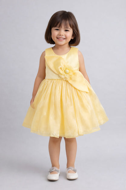 The Magic Wand Woven Sleeveless Flared Party Dress With Statement Floral Applique - Yellow