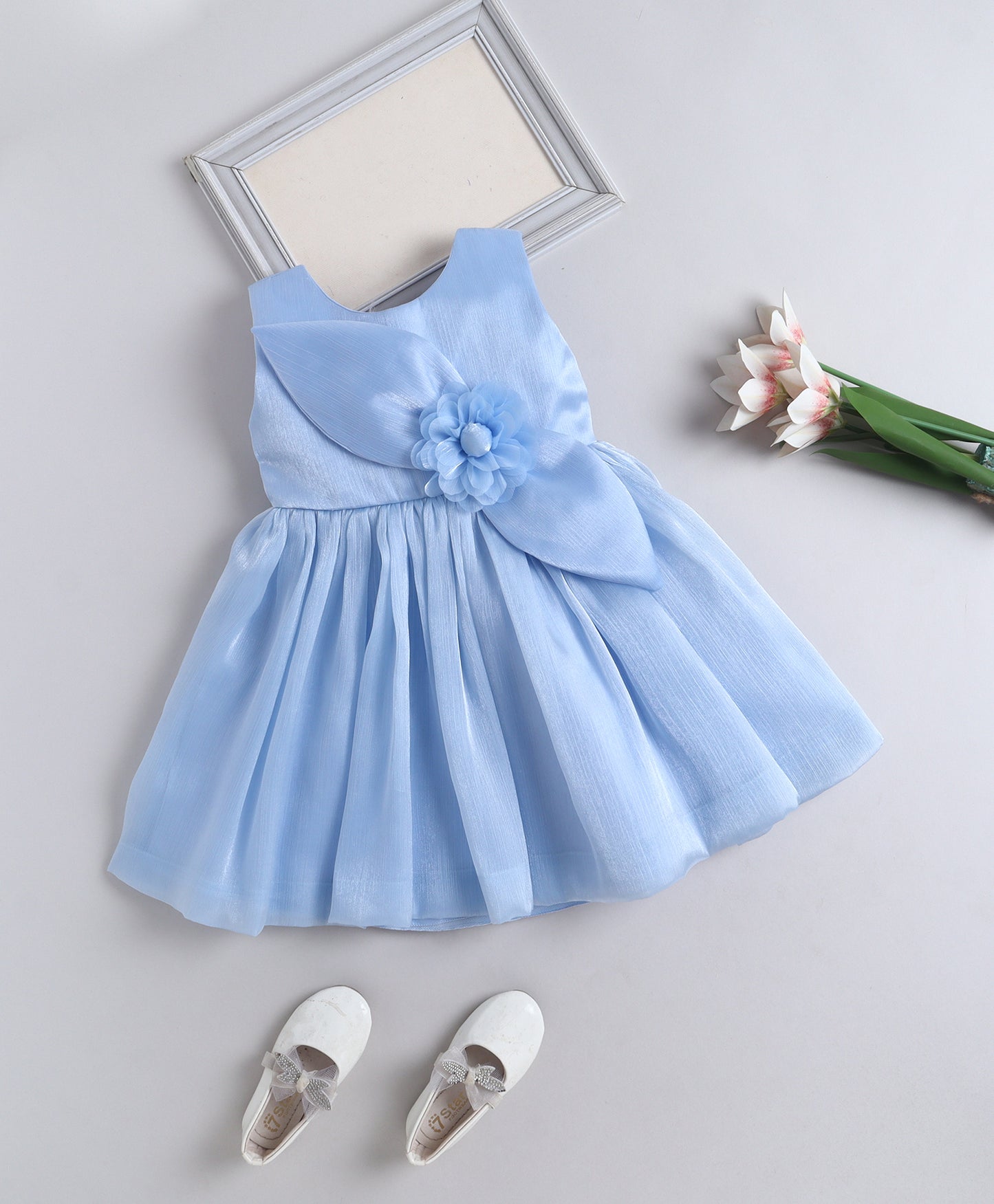 The Magic Wand Woven Sleeveless Flared Party Dress With Statement Floral Applique - Blue