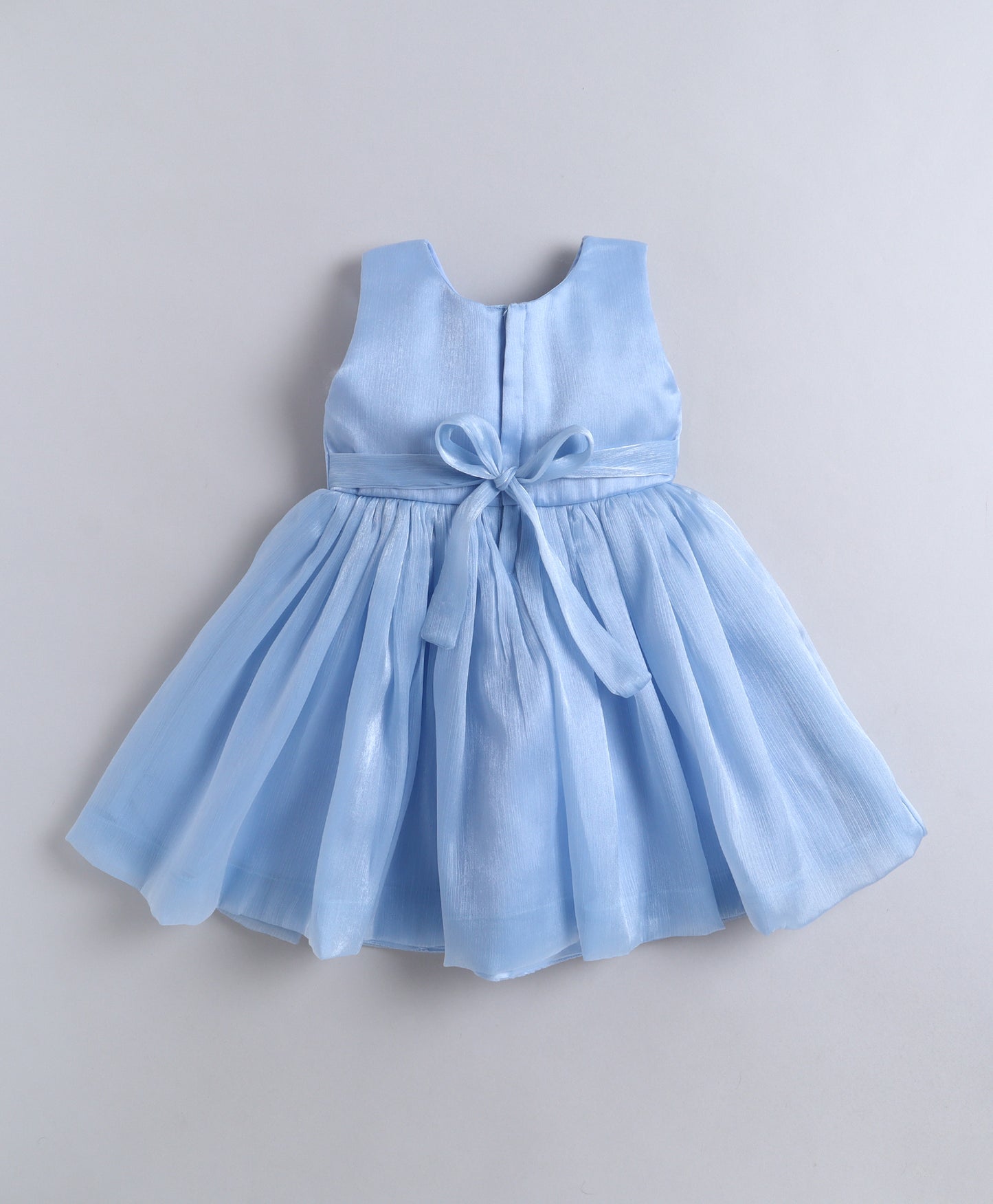The Magic Wand Woven Sleeveless Flared Party Dress With Statement Floral Applique - Blue