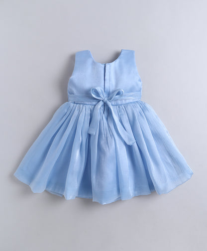 The Magic Wand Woven Sleeveless Flared Party Dress With Statement Floral Applique - Blue