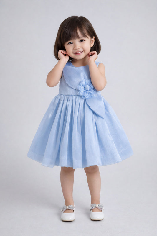The Magic Wand Woven Sleeveless Flared Party Dress With Statement Floral Applique - Blue