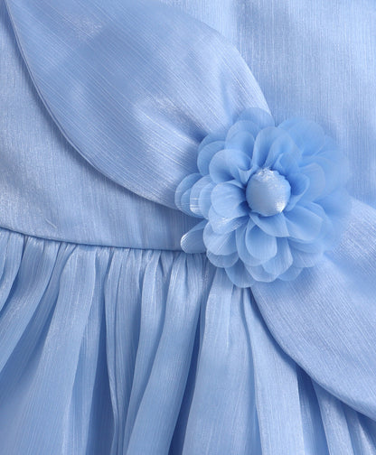 The Magic Wand Woven Sleeveless Flared Party Dress With Statement Floral Applique - Blue