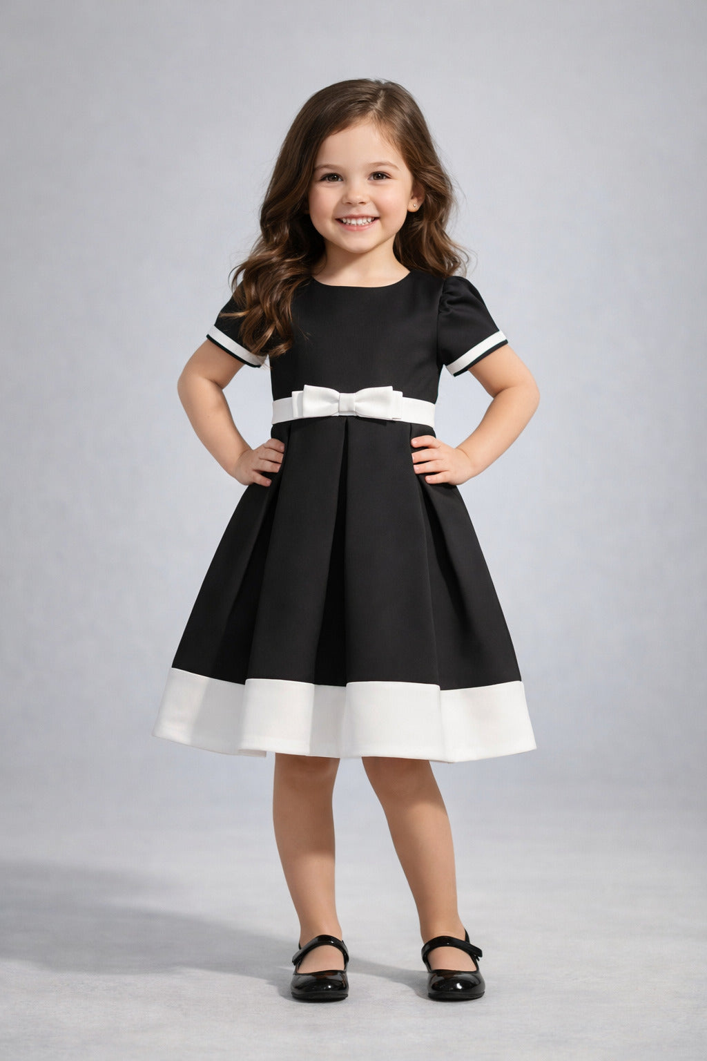 The Magic Wand Woven Puff Sleeves Colourblocked Pleated Party Dress With Bow - Black
