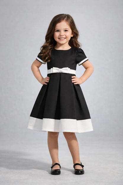 The Magic Wand Woven Puff Sleeves Colourblocked Pleated Party Dress With Bow - Black