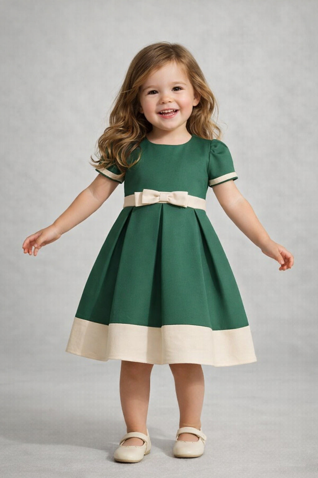 The Magic Wand Woven Puff Sleeves Colourblocked Pleated Party Dress With Bow - Dark Green