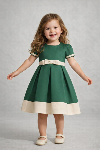 The Magic Wand Woven Puff Sleeves Colourblocked Pleated Party Dress With Bow - Dark Green