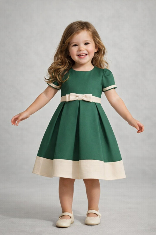 The Magic Wand Woven Puff Sleeves Colourblocked Pleated Party Dress With Bow - Dark Green