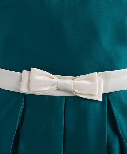 The Magic Wand Woven Puff Sleeves Colourblocked Pleated Party Dress With Bow - Dark Green