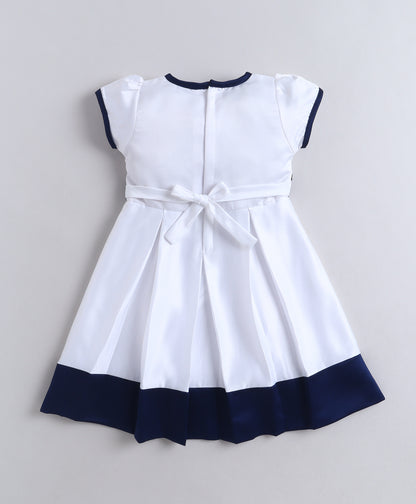 The Magic Wand Woven Puff Sleeves Colourblocked Pleated Party Dress With Bow - White