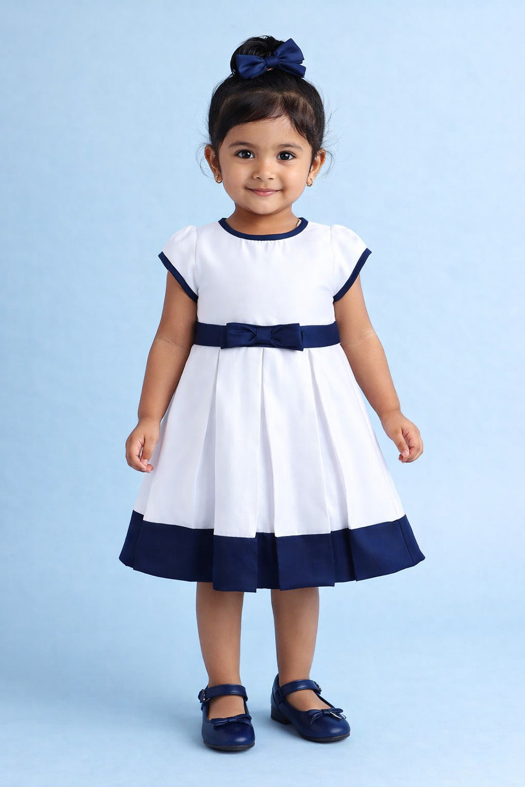 The Magic Wand Woven Puff Sleeves Colourblocked Pleated Party Dress With Bow - White