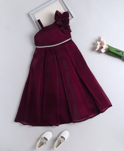 The Magic Wand Woven One Shoulder Ruffle Sleeve Flared Party Gown With Diamonte Waistband - Wine