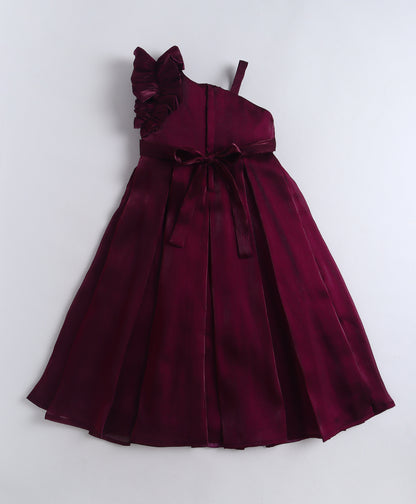 The Magic Wand Woven One Shoulder Ruffle Sleeve Flared Party Gown With Diamonte Waistband - Wine