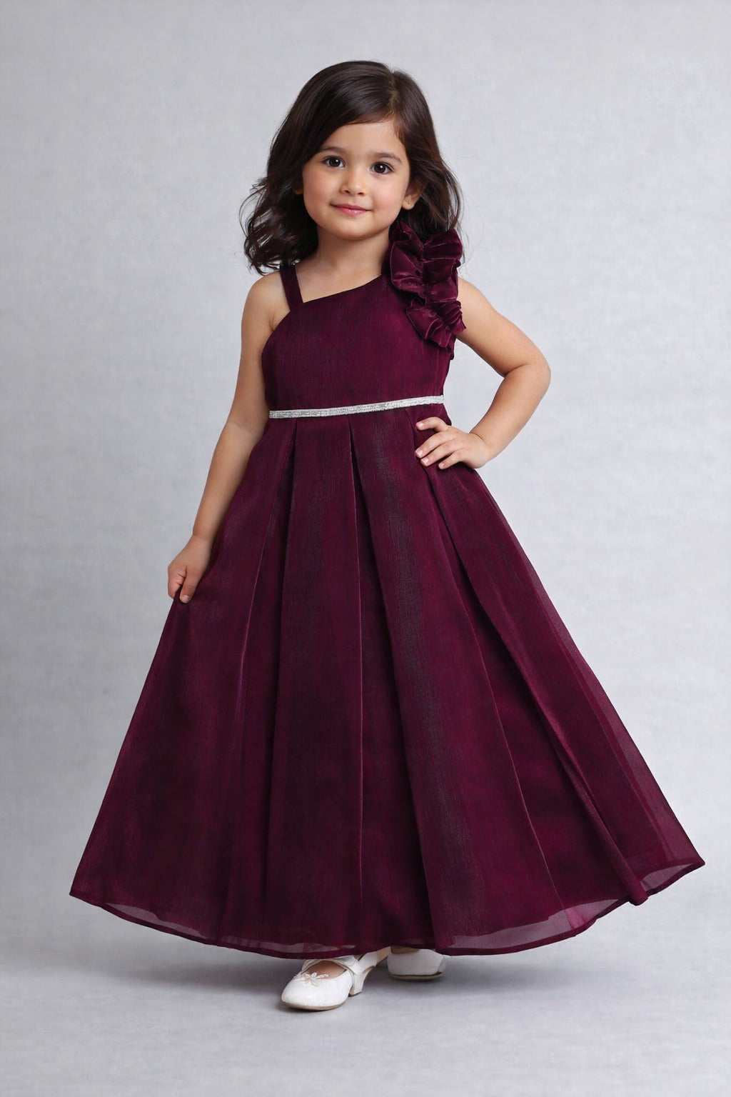 The Magic Wand Woven One Shoulder Ruffle Sleeve Flared Party Gown With Diamonte Waistband - Wine