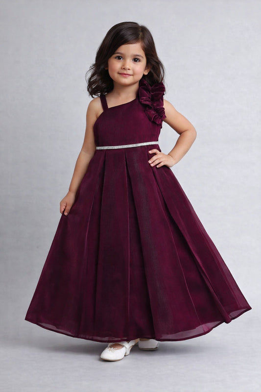The Magic Wand Woven One Shoulder Ruffle Sleeve Flared Party Gown With Diamonte Waistband - Wine