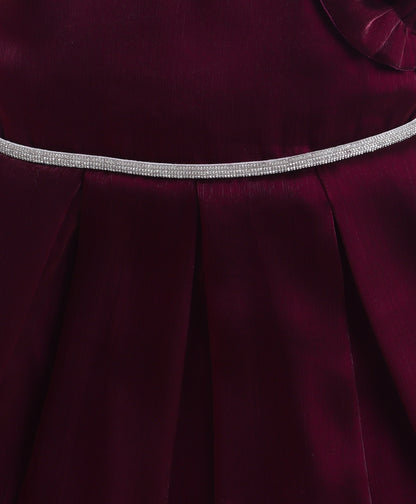 The Magic Wand Woven One Shoulder Ruffle Sleeve Flared Party Gown With Diamonte Waistband - Wine