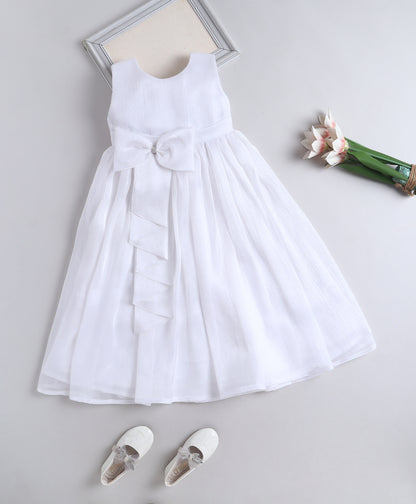 The Magic Wand Woven Sleeveless Flared Party Gown With Bow Detail - White