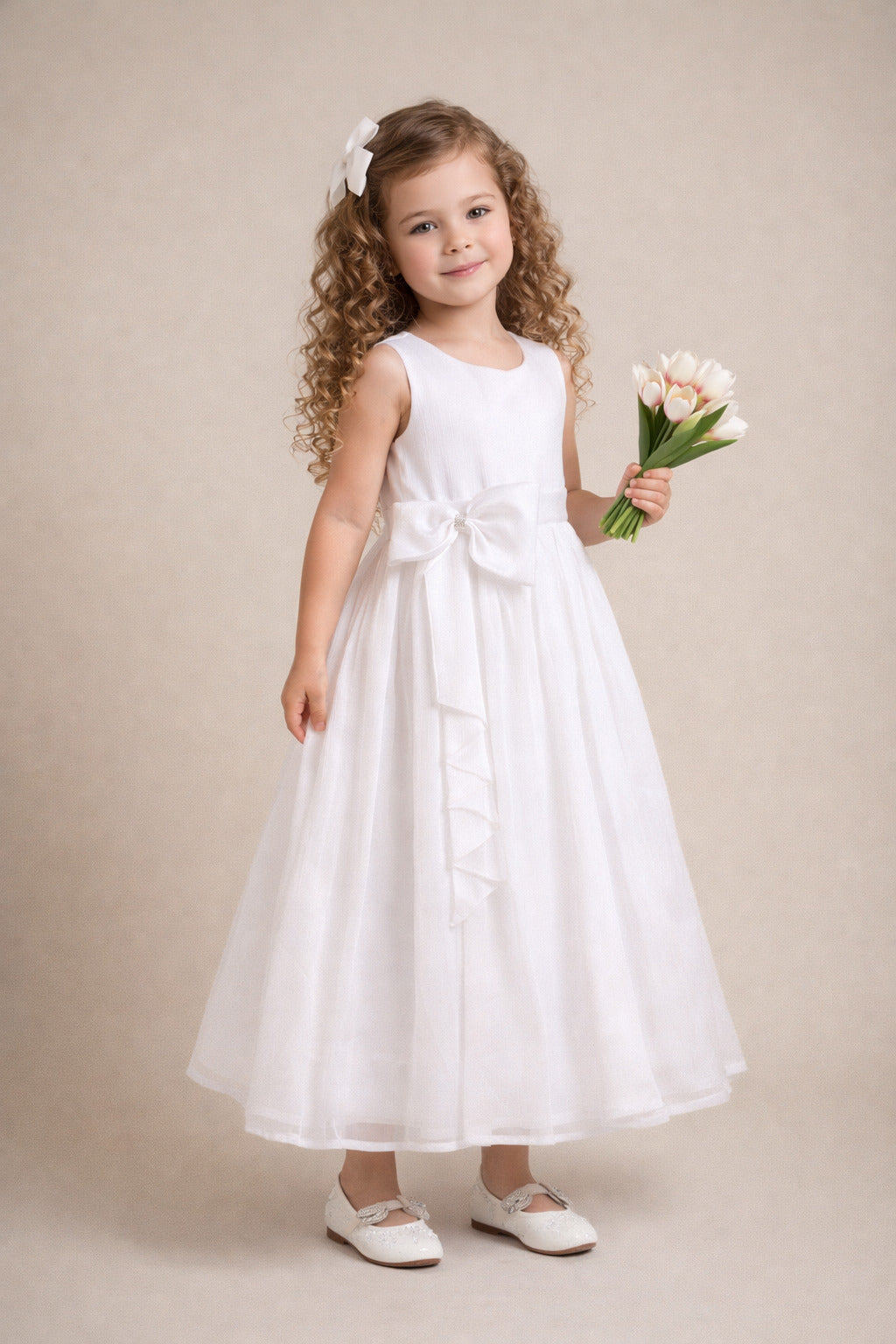 The Magic Wand Woven Sleeveless Flared Party Gown With Bow Detail - White