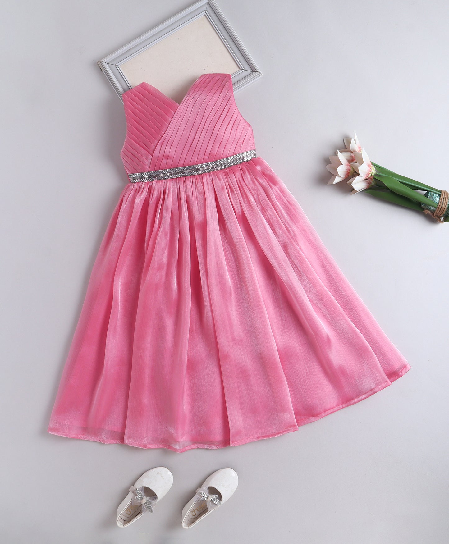The Magic Wand Woven Sleeveless Flared Party Gown With Embellished Waist And Pleated Bodice - Pink