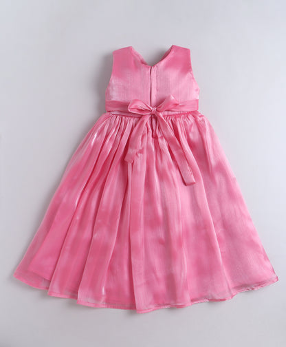 The Magic Wand Woven Sleeveless Flared Party Gown With Embellished Waist And Pleated Bodice - Pink