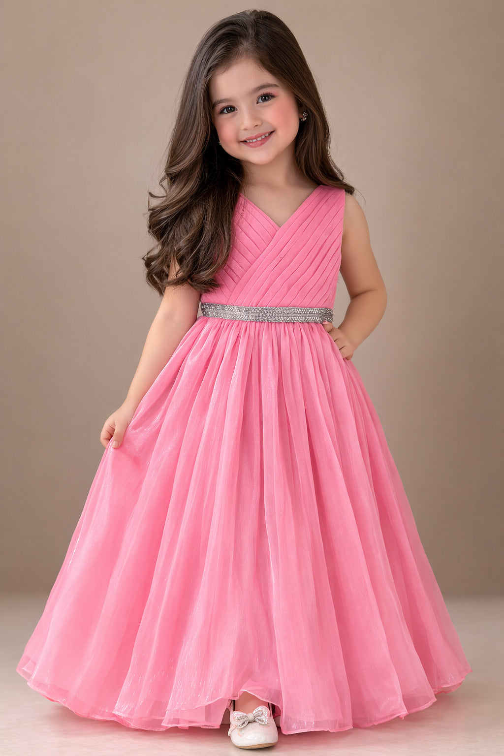 The Magic Wand Woven Sleeveless Flared Party Gown With Embellished Waist And Pleated Bodice - Pink