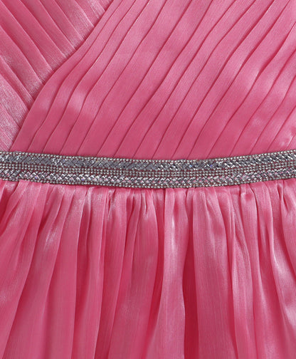 The Magic Wand Woven Sleeveless Flared Party Gown With Embellished Waist And Pleated Bodice - Pink