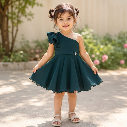 The Magic Wand Woven One Shoulder Embellished Strap Solid Party Dress - Bottle Green