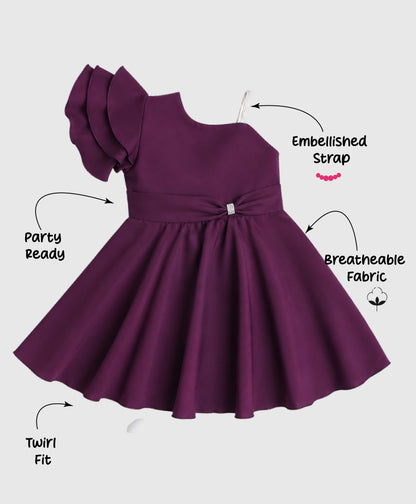 The Magic Wand Woven One Shoulder Embellished Strap Solid Party Dress - Wine