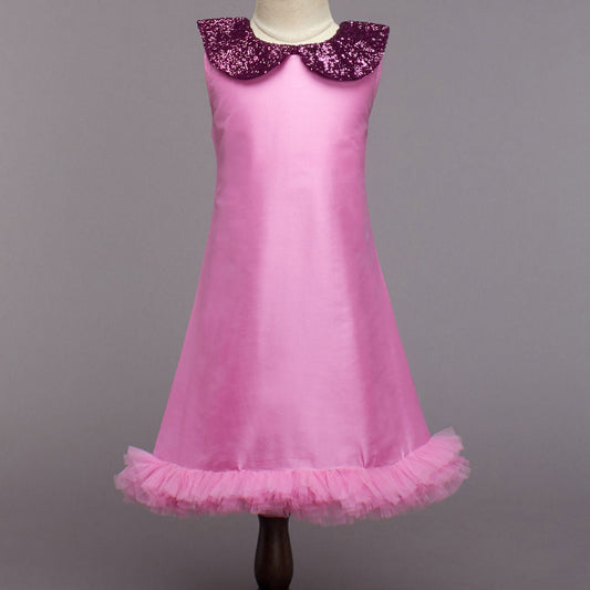The Magic Wand Sequins Peter Pan Collar Sleeveless Party Wear Dress Frock With Net Ruffles For Girls - Pink