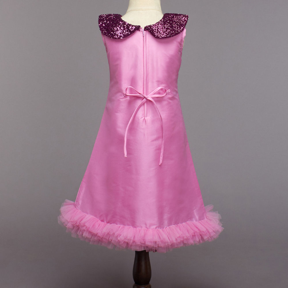 The Magic Wand Sequins Peter Pan Collar Sleeveless Party Wear Dress Frock With Net Ruffles For Girls - Pink